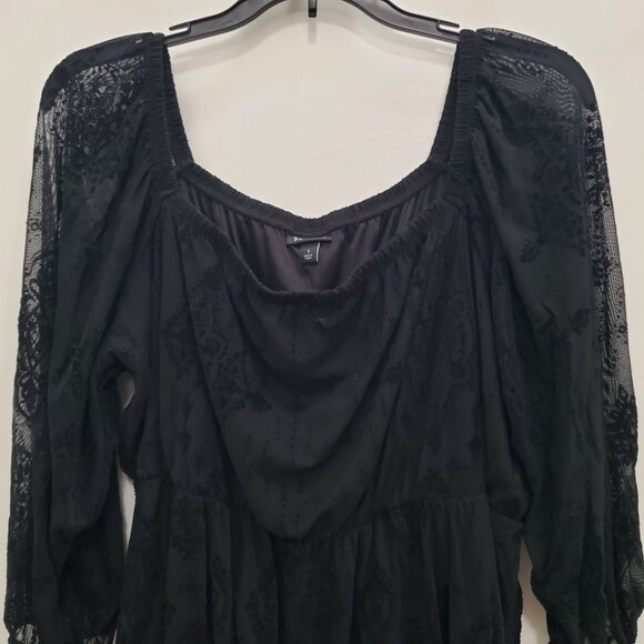 Torrid Black Flocked Mesh Square Neck Puff Sleeve Peasant Top Goth Boho Plus 1 - Picture 4 of 9
